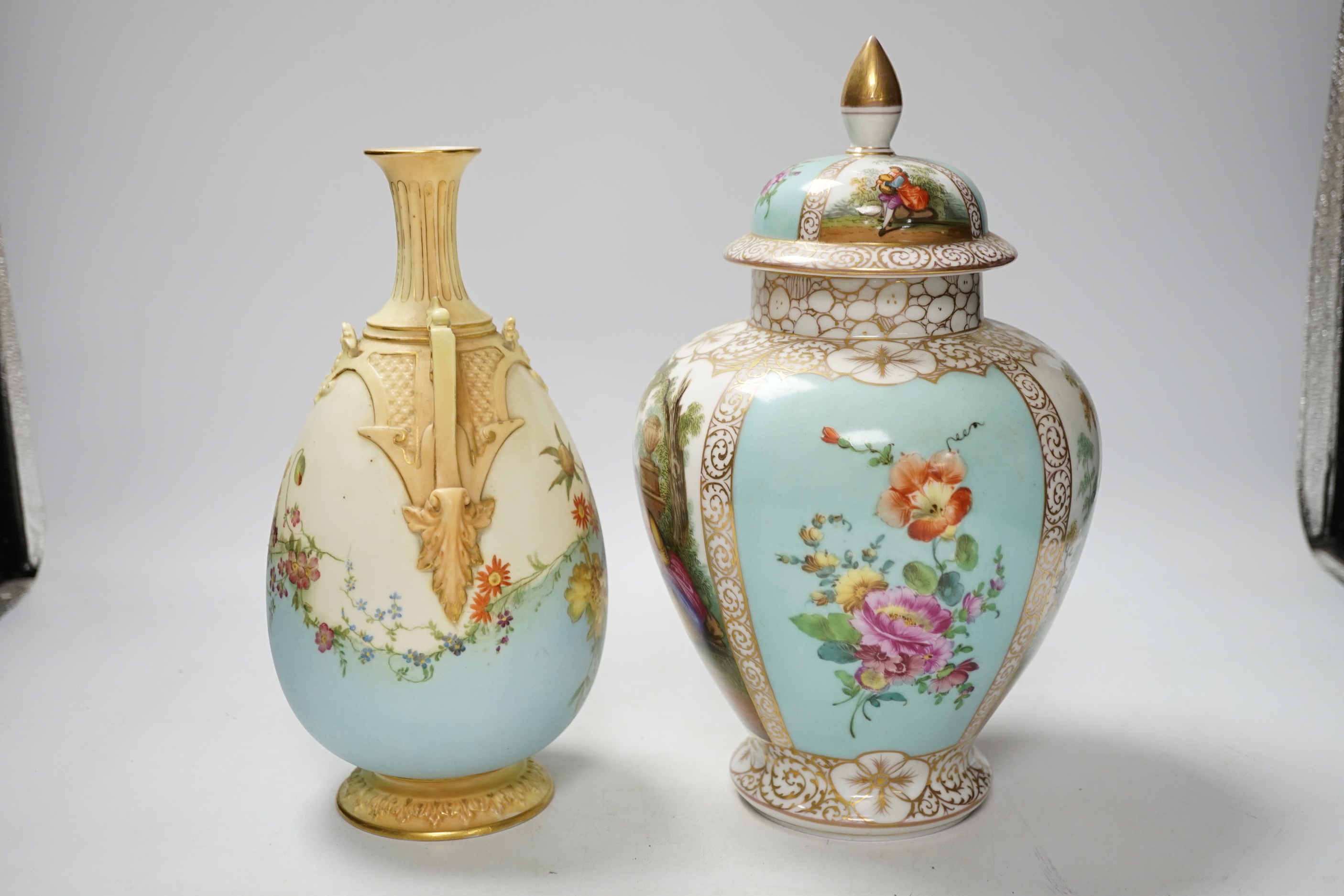 A Dresden vase and cover together with a Worcester vase , 1539 shape, tallest 27cm